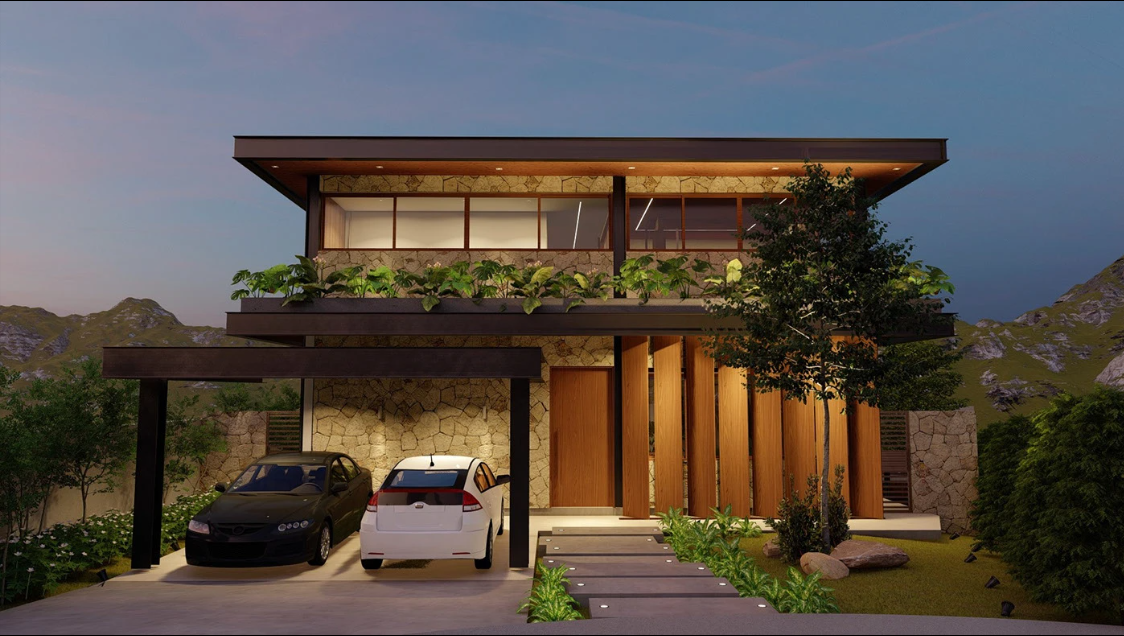Imagem renderizada de projeto da Guadá Arquitetura.Casa moderna de dois andares com telhado plano, fachada de pedra e amplas janelas. O andar superior possui uma fileira de janelas e uma varanda com plantas verdes. No térreo, há uma garagem coberta com dois carros estacionados — um preto e um branco — e uma entrada principal de madeira destacada por painéis verticais de madeira. A iluminação externa realça o caminho de entrada, o jardim paisagístico e as árvores ao redor, com montanhas visíveis ao fundo ao entardecer.